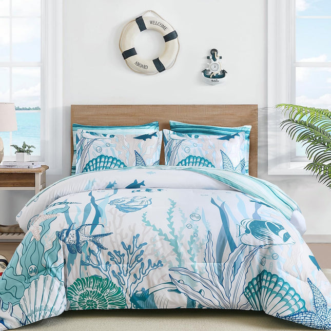 Coastal Comforter Set Full Size, Beach Themed Comforters,7 Pieces