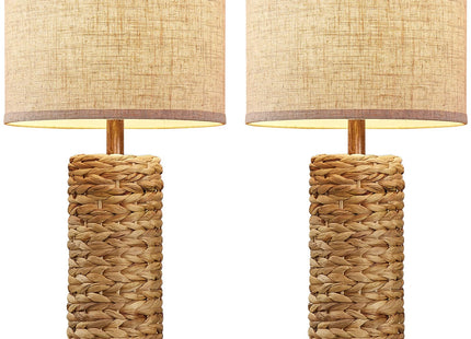 BOWOBO 27.5'' Tall Natural Rattan Table Lamps Set of 2, Hand - Woven Wicker Lamp with Linen Shade, Rustic Coastal Boho Style Table Lamps for Bedroom, Living Room, Home Decor