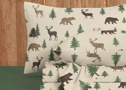 Wake In Cloud - Cabin Bed Sheets, 4-Piece Sheet Set, Rustic Lodge Western Country Bear Deer Wildlife Forest Theme Bedding, Deep Pocket, Green Brown, Queen Size
