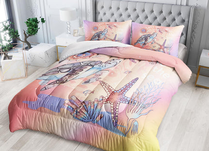 Nttopship Sea Turtles Comforter Set - Full Size Bedding for Kids, Starfish & Aquatic Plants Pattern, All Season Comforter & 2 Pillowcases