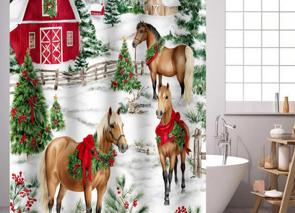 Christmas Horse Shower Curtain Winter Barn Xmas Tree Fence Pine 72x72 IN