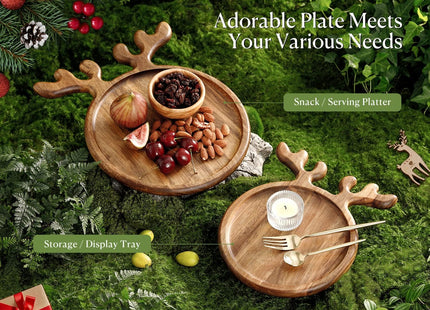 Dofira Acacia Wood Serving Platter, Christmas Decorative Reindeer Antler, 12"x10"Round Wooden Food Dish Display Plate, Charcuterie Board Tray for Cheese Fruit, Kitchen Gift for Mother’s Day (Gift Box)