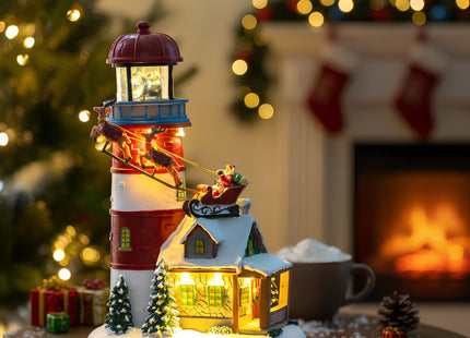 VISFLAIR Musical Christmas Village Figurines Lighthouse & Flying Santa Collectibles Building Statues, Battery & USB Christmas Home Decor Gifts Festive Holiday Decorations