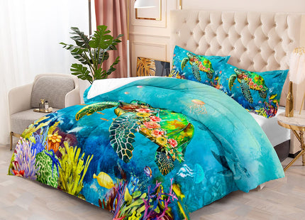 XYNHML Kids Turtle Rose Comforter Set Queen Beach Theme Jellyfish Starfish Bedding Set Sea Animal Reptile Bed Set with 2 Pillowcases for Boys Girls Room Decor