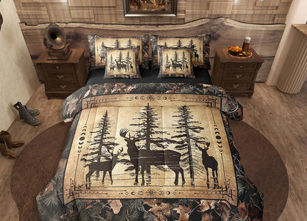 Erosebridal Camo Deer Full Comforter Set 7 Piece for Kids Boys Teen,Tree Branches Camouflage Hunting Bedding Set Woodland Animal Bed in A Bag Retro Pine Tree Wildlife Sheet Set with Comforter
