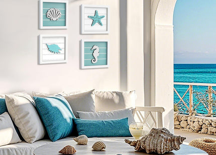 DETENE 4Pcs 3D Nautical Wall Art, Starfish Seashell Framed Bathroom Decor