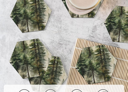 Mountain Green Forest Misty Pine Tree Drinks Coasters Absorbent Stone with Holder Set of 6, Nature Landscape Foggy Woodland Scene Hexagon Ceramic Coaster for Coffee Table Protection (Hexagonal)