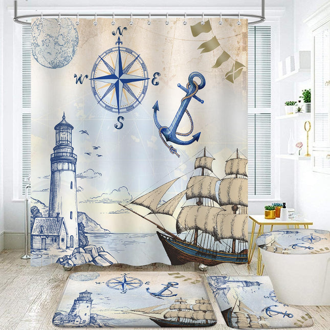 4Pcs Nautical Lighthouse Shower Curtain Sets, Sailboat Coastal Compass Anchor Bathroom Decor with Non-Slip Rugs, Toilet Lid Cover and Bath Mat, Waterproof Shower Curtains with 12 Hooks, 72 x 72 Inch