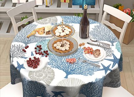 Kawani Nautical Coastal Tablecloth Round 60 Inch Seashell Beach Round Tablecloth 60 Inch Sea Ocean Summer Circle Tabletop Decor Sea Coral Table Covers for Home Kitchen Dinner Holiday Party Picnic