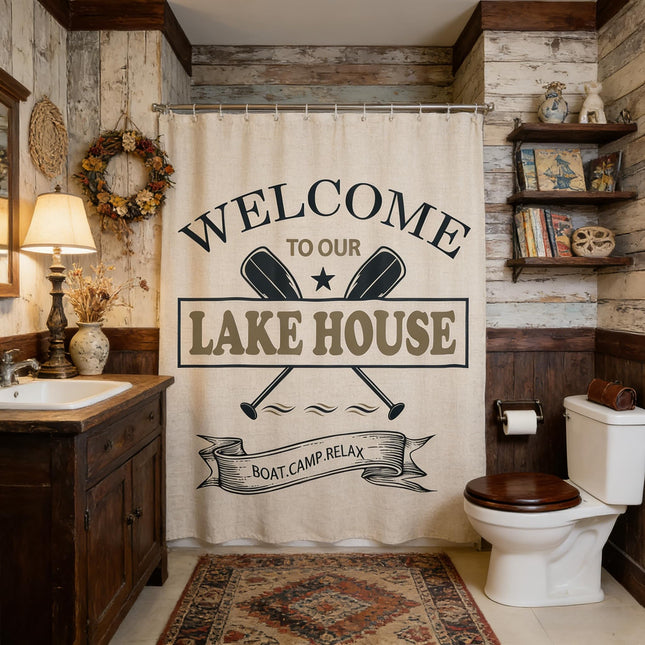 Lake House Bath Curtain,Go Boating Paddle Lake Life Themed Bathroom Shower Curtain for Kids Boys,Retro Beige Plaid Lakeside Decor Waterproof Fabric with Hooks for Stalls, 72Wx72L inch