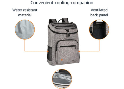 Amazon Basics Insulated Cooler Backpack for Camping and Hiking, Portable Soft Sided Cooler with 30 Can Capacity, Leak-Proof, Water-Resistant, Gray