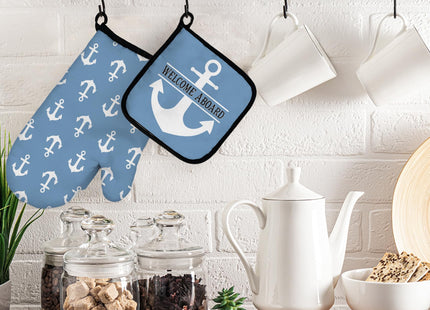 OHSUL Blue Nautical Oven Mitts and Pot Holders Sets, Nautical Anchor Lake House Kitchen Decor Accessories, Welcome Aboard Heat Resistant Oven Gloves Hot Pads for Kitchen Cooking Baking Grilling