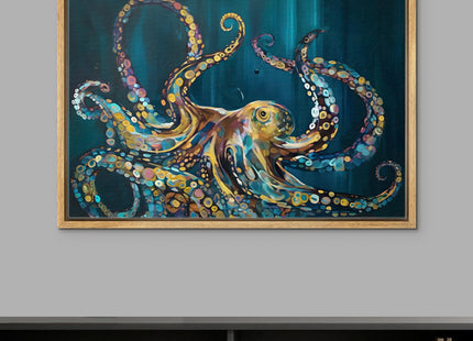 Color-Banner Framed Canvas Print Wall Art Majestic Octopus in Ocean Depths Colorful Sea Life Modern Art for Living Room, Bedroom, Office - 24"x36" Natural