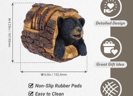Black Bear Rustic Log Coaster Set - Drink Holders for Home Decor - Bear Print Cabin Coasters