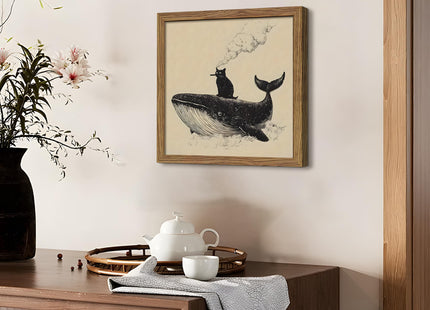 Framed Funny Black Cat and Whale Canvas Wall Art, Whimsical Minimalist Animal Painting Wall Decor, Smoking Kitty Ocean Poster Print Picture for Bedroom Living Room Bathroom Home 16x16 Inch