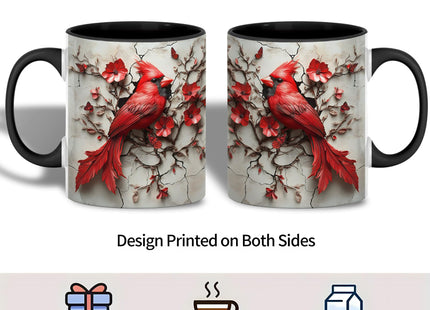 ANOVRA Cardinal Bird Ceramic Mug, Artistic Red Cardinal with Flowers and Cracked Background, Gift for Bird Lovers (Black, 11oz)