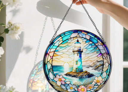 Stained Glass Window Hanging, Pauyadu Lighthouse Sun Catchers, Stained Glass Suncatcher, Lighthouse Decor Gifts for Women, Men, Lovers, Friend, Family and Partners- 8 Inch