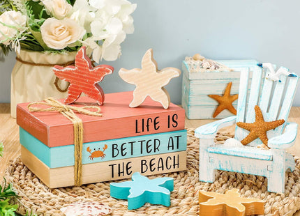 Whaline 7 Pcs Summer Decoration Beach Wooden Tiered Tray Decor Mini Faux Stacked Books Starfish Decorative Table Centerpiece Block Signs for Party Home Kitchen Dining Table Decor
