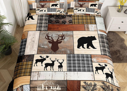 Erosebridal Retro Rustic Cabin Duvet Cover, Bear Deer Elk Moose Bedding Set Twin Size, Rustic Farmhouse Lodge Hunting Wildlife Comforter Cover Mountain Pine Tree Buffalo Bed Set for Kids Teens Adult