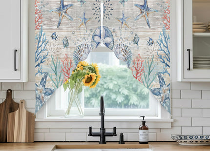Coastal Starfish Swag Valances for Windows Rod Pocket Kitchen Window Curtains Over Sink, Ocean Sea Beach Coral Blue Kitchen Curtains Sets, Swag Curtains Valance for Living Room, 28"x36" Set of 2