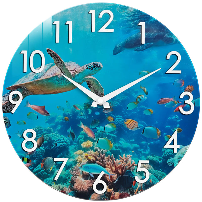 Crosstime 14 Inch Outdoor Clock – Waterproof Tempered Glass with Sea Turtle & Marine Life Theme, UV Resistant, Silent Nautical Coastal Decor Wall Clock for Patio, Pool, Garden, Backyard, Bathroom