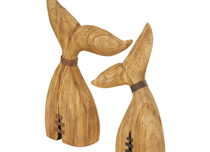 Deco 79 Wood Whale Handmade Decorative Sculpture Tail Home Decor Statues with Metal Band Accents, Set of 2 Accent Figurines 17", 13"H, Brown