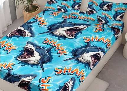 HOSIMA Shark Fitted Sheet Set Twin Size,3D Shark Pattern Ocean Theme Twin Bedding Set for Kids Boys,Sea Animal Collection Deep Pocket for Ocean Bedroom Decor,1 Fitted Sheet+2 Pillowcases.