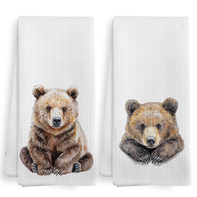 XNXLDYLH Funny Bear Kitchen Towels and Dishcloths Sets of 2, Bear Decor Gifts, Woodsy Rustic Cabin Lodge Forest Mountain Nursery Camper Home Decor Dish Hand Tea Towels for Bathroom Kitchen, 16x24 Inch