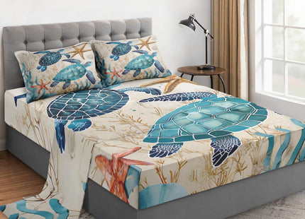 WeCozy Queen Bed Sheet Set, 4 Pieces Ocean Coral Bedding with Flat