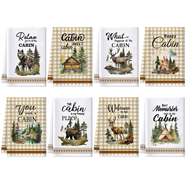 Peryiter 8 Pcs Cabin Kitchen Towels 24 x 16 Inch Wildlife Hand Towels Bear Forest Wild Animals Dish Cloth Absorbent Farmhouse Country Decorative Tea Dishcloth for Bathroom Home Cabin Kitchen Decor