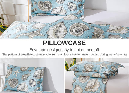Junsey 3Pcs Coastal Quilt Set Twin Size Seashell Bedspread,Seahorse Seaweed Sea Fish Coverlet Set Lightweight Ocean Beach Quilts Reversible Bedding Cover Pillow Shams