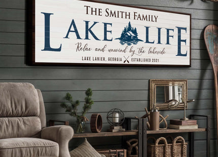 TAILORED CANVASES Personalized Lake Life Sign, Rustic Lake House Wall Art