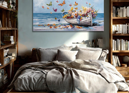 GAIDUOMAI Coastal Wall Art Butterfly and Flowers Pictures Wall Decor Wooden Boat Beach Wall Painting for Office Landscape Art for Dining Room Bedroom 24x48 Inch
