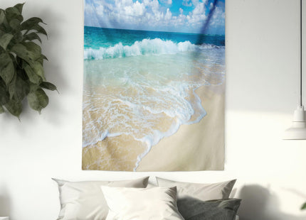Lunarable Wave Tapestry Twin Size, Beach Foamy Waves on Empty Sea Shore Holiday Theme Serene Coastal, Wall Hanging Bedspread Bed Cover Wall Decor, Twin Size, Sand Blue, 68" Width x 88" Length