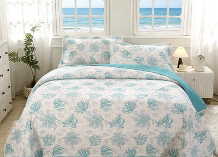SUCSES 100% Cotton Coastal Quilts 3 Pieces Queen Lightweight Comfortable Quilt Turquoise Ocean Coral Bedspread Coverlet with 2 Shams for Beach Themed Dedroom All Season