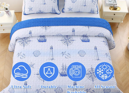 Coastal Nautical Quilt Set, King Size Beach Coverlet Blue Watchtower Sailboat Compass Bedspread, Ocean Beach Themed Bed Cover Microfiber Soft Lightweight bedding sets for All Seasons (106"×92")