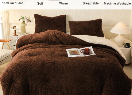tohrisa Seashell Jacquard Sherpa Comforter Set Warm Cozy Premium Bedding 3 Pieces, Full/Queen Size Geometric Pattern Quilt Comforter with 2 Pillowcases(90"X90" Coffee)
