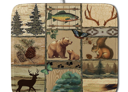 Rustic Cabin Dish Drying Mat - Forest Bear Moose Wildlife Drainer Mat 16x18 Wild Animal Dishes Pad Pine Tree Dish Drainer Rack Retro Butterflies Fish Mats for Counter