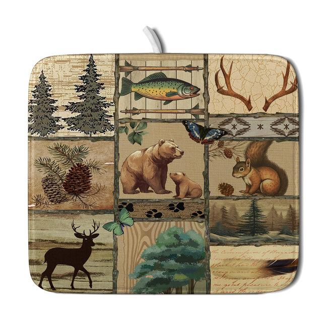 Rustic Cabin Dish Drying Mat - Forest Bear Moose Wildlife Drainer Mat 16x18 Wild Animal Dishes Pad Pine Tree Dish Drainer Rack Retro Butterflies Fish Mats for Counter
