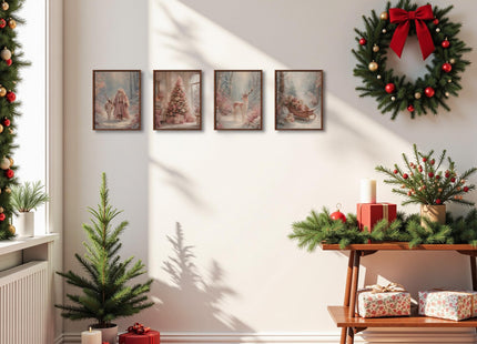 DOFQZ Pink Christmas Tree Santa Deer Wall Art Prints 8x10 Set of 4