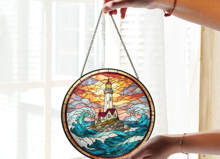 FIVITY 7.8" Lighthouse Suncatcher Stained Glass Window Hanging Ocean Light House Sun Catchers Blue Coastal Ornaments Wall Art Home Garden Room Door Decor Birthday for Women Men