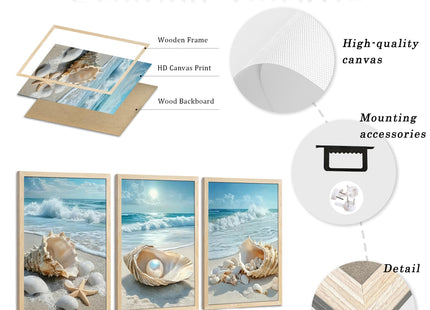 SYWENNOI Triptych Coastal Shell Pearl Framed Canvas Wall Art 12x16 inch x3