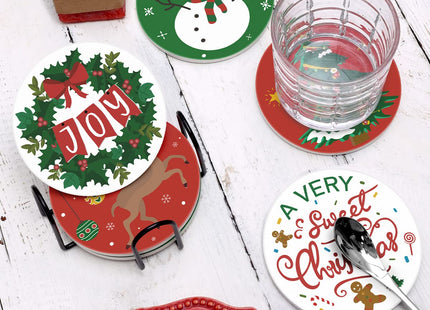 Christmas Coasters with Metal Holder Idea Round Absorbent Ceramic Stone Coasters Winter Holidays Christmas Tree Reindeer Santa Joy Snowman Gingerbread Cup Place Mat 4 Inches