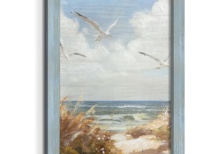 Framed Coastal Sea Bird Painting: Blue Wooden Ocean Scene Artwork Seagull Beach Picture Print Modern Bedroom Bathroom Living Room Wall Decoration Home Office Decor 36 x 24 Inch