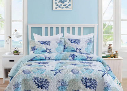 Dinjoy Nautical Ocean Quilt Set Queen Size, Blue Beach Coastal Themed Bedding Set Lighthouse Anchor Sailboat Pattern Microfiber Lightweight Summer Bedspread Coverlet Bed Set All Season