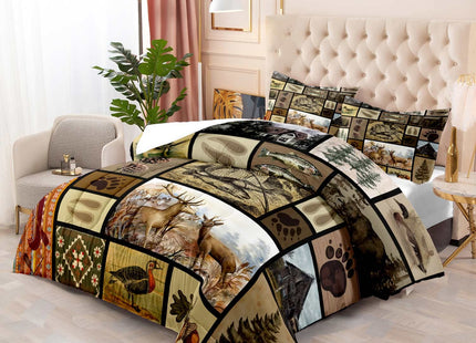 LUVIVIHOME 3PCS Rustic Lodge Comforter Set Full Size, Fish Bear Deer Cabin Bedding Set for Men, Forest Animals Elk Moose Duck Wildlife Hunting Fishing Farmhouse Country Patchwork Quilt, 2 Pillow Shams
