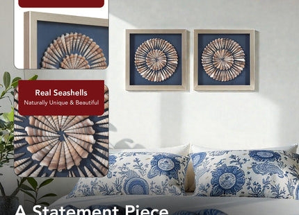 American Art Decor Seashell Shadowbox Set - 2-pc Natural Cone Shell Wall Art, Champagne Frame on Blue Linen - Coastal Wall Decor for Living Room, Bedroom, Bathroom, Office