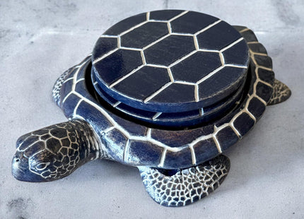 Sea Turtle Coaster Set - Coastal Ocean Beach Decor - Rustic Nautical Navy Blue and White Finish