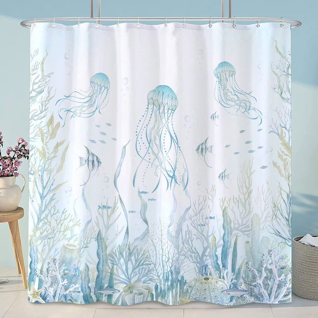 Faxdong Nautical Sea Jellyfish Shower Curtain, Teal Summer Ocean Life Beach Cool Shower Curtain Bathroom Decor 72 ×72 inch