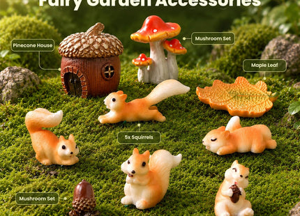 Delighture Fairy Garden Accessories, 9 Pieces Squirrel Resin Figures with Pinecone House Mushroom Leaf, Handmade Miniature Decor, Garden Miniatures Decors for Outdoor Home, Perfect DIY Gift